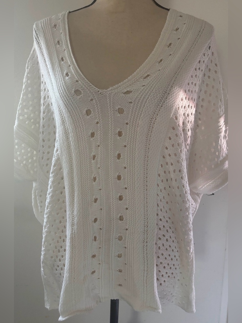 Absolutely White V-Neck Open Knit poncho cover up Sweater